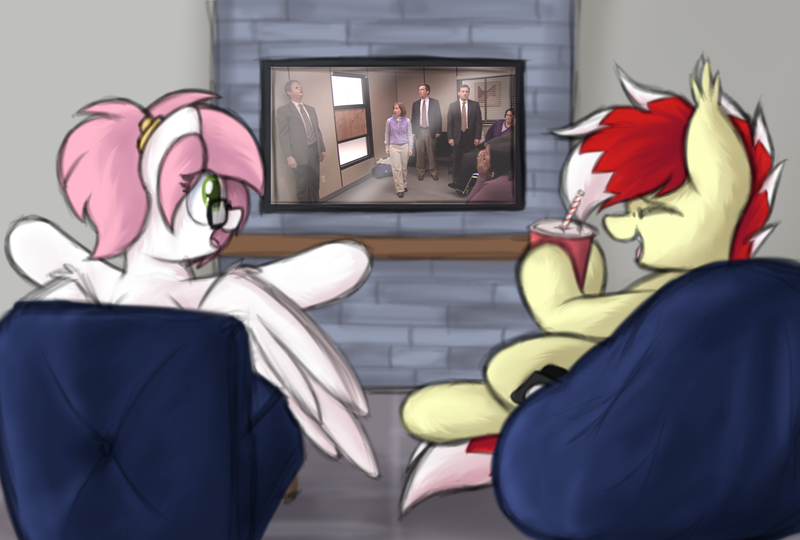 Size: 3200x2160 | Tagged: safe, artist:aaathebap, derpibooru import, oc, oc:aaaaaaaaaaa, oc:sugar morning, unofficial characters only, bat pony, pegasus, beanbag chair, duo, image, png, television, the office, watching, watching tv