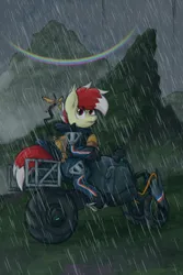 Size: 2000x3000 | Tagged: safe, artist:aaathebap, derpibooru import, oc, oc:aaaaaaaaaaa, unofficial characters only, bat pony, death stranding, fog, future, futuristic, grass, image, looking back, motorcycle, mountain, mountain range, ominous, png, rain, rainbow, scenery, solo