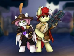 Size: 4000x3000 | Tagged: safe, artist:aaathebap, derpibooru import, oc, oc:aaaaaaaaaaa, oc:sugar morning, bat pony, pegasus, pony, clothes, costume, duo, image, jpeg, looking at you, rocket launcher, weapon