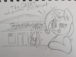 Size: 2048x1542 | Tagged: safe, artist:aaathebap, derpibooru import, trixie, unicorn, alcohol, horn, image, jpeg, levitation, liquor, magic, telekinesis, traditional art