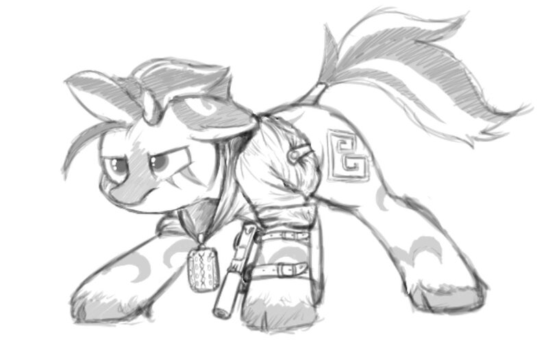 Size: 1013x630 | Tagged: safe, artist:aaathebap, derpibooru import, oc, unofficial characters only, zebra, fallout equestria, fallout, gun, image, jpeg, sketch, talisman, weapon