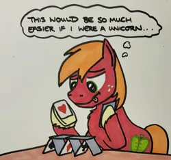 Size: 2048x1920 | Tagged: safe, artist:hoofclid, derpibooru import, big macintosh, earth pony, pony, g4, concentrating, hoof hold, house of cards, image, jpeg, magnetic hooves, male, marker drawing, playing card, redraw, solo, stallion, thought bubble, tongue out, traditional art