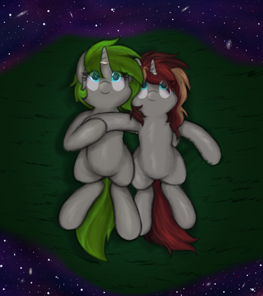 Size: 4000x4500 | Tagged: safe, artist:aaathebap, derpibooru import, oc, oc:scarlet serenade, oc:vinyl mix, unofficial characters only, unicorn, couple, cute, duo, female, horn, horn ring, image, jewelry, lesbian, looking up, lying down, oc x oc, png, ring, scarletmix, shipping, space, stars