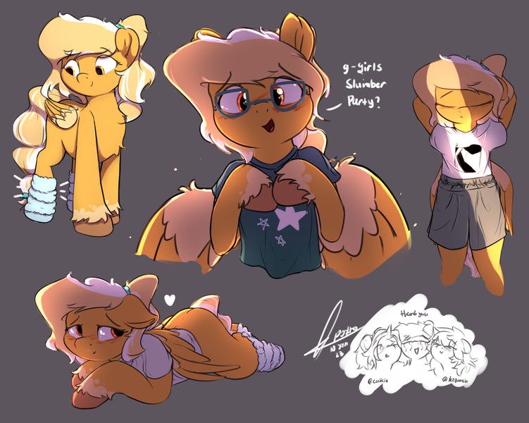 Size: 3153x2519 | Tagged: safe, artist:potato22, artist:potto22, derpibooru import, oc, oc:mareota, unofficial characters only, pegasus, pony, semi-anthro, blushing, clothes, eye clipping through hair, eyebrows, eyebrows visible through hair, eyes closed, female, floppy ears, folded wings, glasses, gray background, heart, high res, image, looking at you, lying down, mare, open mouth, pegasus oc, png, prone, shirt, shorts, simple background, smiling, solo, spread wings, t-shirt, tail, unshorn fetlocks, wings