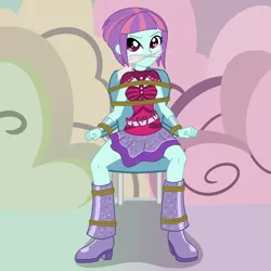 Size: 2500x2500 | Tagged: safe, artist:nie-martw-sie-o-mnie, derpibooru import, part of a set, sunny flare, human, equestria girls, g4, bondage, boots, chair, cleave gag, cloth gag, clothes, equestria girls specials, female, femsub, gag, high heel boots, image, my little pony equestria girls: dance magic, png, rope, rope bondage, shoes, sitting, skirt, solo, spread legs, spreading, submissive