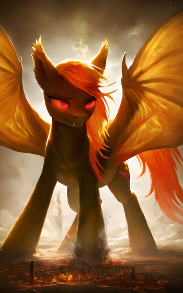 Size: 2000x3200 | Tagged: safe, ai content, derpibooru import, machine learning generated, prompter:derp621, stable diffusion, fluttershy, bat pony, bat ponified, city, cityscape, dark, destruction, evil, flutterbat, generator:pony diffusion v6 xl, giant bat pony, giga giant, glow, glowing eyes, image, jpeg, macro, prompt in description, race swap, rampage, spread wings, stomp, wings