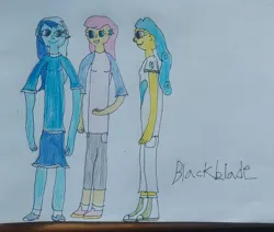 Size: 3073x2604 | Tagged: safe, artist:blackblade360, derpibooru import, lemon hearts, minuette, twinkleshine, human, equestria girls, g4, blue dress, blue eyes, blue hair, blue shirt, blue skin, clothes, colored pencil drawing, curly hair, cutie mark accessory, dress, ear piercing, earring, eyelashes, female, humanized, image, irl, jewelry, jpeg, open mouth, paper, photo, piercing, pink eyes, pink hair, pony to human, raised arm, side view, signature, smiling, talking, tan skin, traditional art, trio, two toned hair, yellow tan