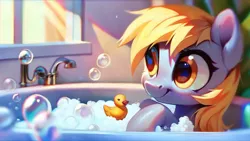 Size: 1920x1080 | Tagged: safe, ai content, derpibooru import, machine learning generated, prompter:derp621, stable diffusion, derpy hooves, pegasus, g4, bath, bathroom, bathtub, bubble, bubble bath, generator:pony diffusion v6 xl, happy, image, jpeg, prompt in description, rubber duck, solo