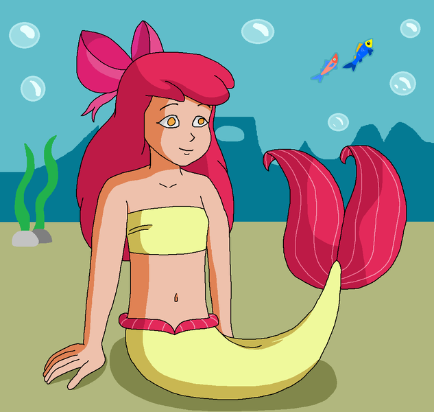 Size: 1164x1104 | Tagged: safe, artist:ocean lover, derpibooru import, apple bloom, fish, human, mermaid, adorabloom, amber eyes, apple bloom's bow, bandeau, bare midriff, bare shoulders, belly, belly button, bow, bubble, child, coral, cute, fins, fish tail, hair bow, happy, human coloration, humanized, image, kelp, light skin, long hair, looking at something, mermaid tail, mermaidized, midriff, ms paint, ocean, png, red hair, sea creature, seaweed, sitting, smiling, species swap, tail, tail fin, underwater, water