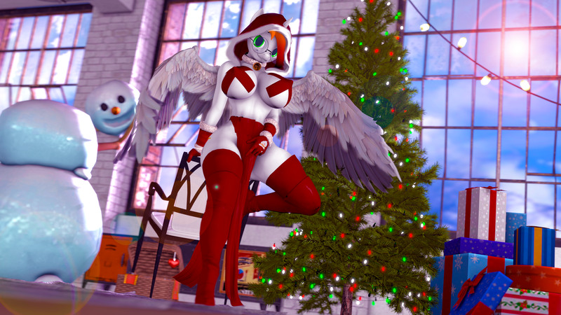 Size: 3840x2160 | Tagged: questionable, artist:shadowuwu, ponerpics import, oc, oc:flame heart, unofficial characters only, anthro, 3d, breasts, christmas, christmas tree, clothes, dress, female, glasses, gloves, holiday, image, looking at you, nipple tape, pasties, png, stocking feet, tree