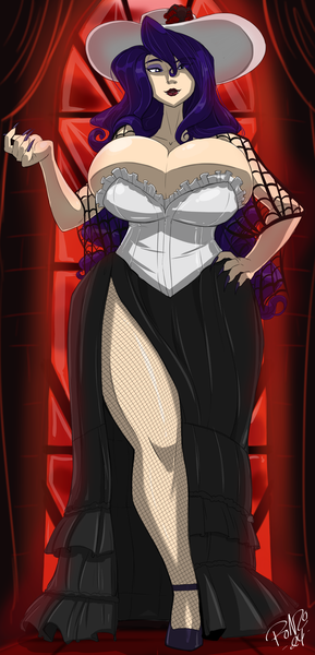 Size: 2816x5840 | Tagged: suggestive, artist:shonuff44, derpibooru import, rarity, human, undead, vampire, g4, absurd resolution, anime style, big breasts, blue hair, breast overpour, breasts, busty rarity, cleavage, clothes, corset, eyebrows, eyeshadow, fingernails, fishnet clothing, fishnets, flower, hand on hip, hat, high heels, huge breasts, humanized, image, lidded eyes, lips, lipstick, long nails, looking at you, makeup, png, red lipstick, rose, sharp nails, shoes, skindentation, skirt, socks, solo, spider web, stockings, thigh highs, window