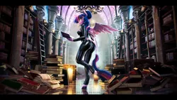 Size: 9600x5400 | Tagged: suggestive, artist:imafutureguitarhero, derpibooru import, sci-twi, twilight sparkle, twilight sparkle (alicorn), alicorn, anthro, pony, unguligrade anthro, g4, 3d, absurd file size, absurd resolution, ai interpretation, alicornified, ass, black bars, blushing, bodysuit, boob freckles, boob window, book, bookhorse, bookshelf, breasts, butt, butt focus, candle, ceiling, chandelier, cheek fluff, chest, chest freckles, chin fluff, chromatic aberration, clothes, cloven hooves, colored eyebrows, colored eyelashes, colored wings, dust, ear fluff, ear freckles, female, film grain, fluffy, fluffy hair, fluffy mane, fluffy tail, freckles, fur, glass, glass ceiling, glow, glowing horn, hand freckles, holding book, hoof fluff, horn, image, implied tail hole, indoors, jpeg, ladder, latex, latex suit, leonine tail, letterboxing, library, looking at you, looking back, looking back at you, magic, mare, multicolored hair, multicolored mane, multicolored tail, one leg raised, open book, particles, pile of books, pillar, race swap, reflection, remake, revamped anthros, revamped ponies, sci-twilicorn, shiny, signature, skintight clothes, smiling, smiling at you, solo, source filmmaker, stained glass, stairs, steps, tail, tail fluff, twibutt, two toned wings, unshorn fetlocks, wall of tags, window, wing fluff, wing freckles, wings