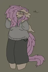 Size: 800x1200 | Tagged: safe, artist:larvaecandy, derpibooru import, fluttershy, anthro, pegasus, unguligrade anthro, alternate eye color, big eyes, chains, chubby, clothes, colored, colored sclera, ear fluff, eyebrows, eyebrows visible through hair, eyelashes, facial hair, fat, flat colors, floppy ears, green eyes, hair over one eye, image, jpeg, long mane, long tail, looking back, nervous, no catchlights, no pupils, pants, pink sclera, raised hoof, raised hooves, slightly desaturated, small wings, solo, spiky mane, spiky tail, spread wings, standing, stubble, sweat, sweatpants, sweatshirt, tail, text, wingding eyes, wings, yellow coat