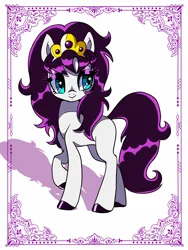 Size: 1200x1600 | Tagged: safe, artist:stacy_165cut, derpibooru import, pony, abstract background, bangs, barely pony related, big eyes, black hooves, blank flank, blue eyes, border, colored hooves, crown, eyelashes, eyeshadow, facing you, female, female oc, filigree, hooves, horn, ico the brave little horse, image, jewelry, jpeg, long mane, long tail, looking back, makeup, mare, mare oc, patterned background, pink eyeshadow, preciosa, raised hoof, regalia, shiny eyelashes, shiny hooves, shiny mane, shiny tail, smiling, solo, sparkly eyes, standing, standing on three hooves, tail, tiara, updo, white coat, wingding eyes