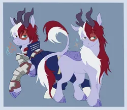 Size: 1500x1300 | Tagged: safe, artist:abbytabbys, derpibooru import, part of a set, deer, hybrid, kirin, reindeer, anime, antlers, armor, belt, blue background, blue coat, blue hooves, boots, border, bracer, burn marks, chest fluff, clothes, cloven hooves, colored antlers, colored chest fluff, colored eyebrows, colored eyelashes, colored hooves, colored pupils, costume, eye scar, eyebrows, eyebrows visible through hair, facial scar, fetlock tuft, floppy ears, frown, heterochromia, hoof boots, hooves, image, jacket, jpeg, kirin hybrid, kirinified, leonine tail, lidded eyes, light blue coat, looking at you, male, my hero academia, pants, passepartout, quirked pony, raised hoof, raised hooves, rearing, reindeer hybrid, scar, shaggy mane, shoes, shoto todoroki, simple background, smiling, smiling at you, solo, sparkles, species swap, standing, tail, tail fluff, tall ears, teenager, two toned mane, two toned tail, utility belt, wall of tags