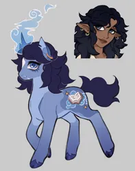 Size: 860x1092 | Tagged: safe, artist:lainseii, derpibooru import, part of a set, oc, oc:rhaena, ponified, unofficial characters only, elf, pony, unicorn, bags under eyes, black hair, blue coat, blue eyes, blue hooves, blue magic, blue pupils, cloven hooves, coat markings, colored belly, colored eyebrows, colored hooves, colored pinnae, colored pupils, countershading, curly hair, curly mane, curved horn, duality, dungeons and dragons, ear piercing, earring, eyebrows, eyebrows visible through hair, eyelashes, facial markings, facial scar, female, female oc, fluffy mane, glow, glowing horn, gradient legs, gray background, helix piercing, hooves, horn, image, jewelry, jpeg, looking at you, magic, mare oc, moderate dark skin, mouth scar, pale belly, pen and paper rpg, piercing, ponified oc, profile, purple mane, purple tail, raised hoof, raised leg, rpg, scar, shiny hooves, simple background, smiling, smiling at you, solo, standing on three hooves, star (coat marking), tail, torn ear, unicorn horn, unicorn oc, unshorn fetlocks, wall of tags, wavy tail