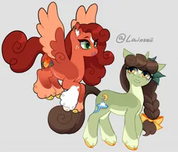 Size: 1532x1312 | Tagged: safe, artist:lainseii, derpibooru import, part of a set, ponified, pegasus, pony, unicorn, braid, braided ponytail, brown mane, brown tail, cloven hooves, coat markings, colored belly, colored ear fluff, colored eyebrows, colored eyelashes, colored hooves, colored pupils, colored wings, colored wingtips, countershading, curly mane, curly tail, duo, duo female, ear fluff, ear piercing, earring, eye clipping through hair, eyebrows, eyebrows visible through hair, eyelashes, facial markings, facing you, female, flying, freckles, gradient legs, gray background, green eyes, green pupils, hair accessory, helix piercing, hooves, horn, image, jewelry, jpeg, leafpool, leaves in mane, leg markings, lidded eyes, long mane, long tail, looking at someone, looking away, looking up, mane accessory, mare, mismatched hooves, multicolored hooves, open mouth, open smile, orange coat, orange wingtips, pale belly, piercing, ponytail, red eyelashes, red mane, red tail, shiny mane, shiny tail, siblings, signature, simple background, sisters, small hooves, smiling, smiling at someone, socks (coat marking), solo, spread wings, squirrelflight, standing, star (coat marking), tail, three quarter view, tied mane, torn ear, two toned eyes, two toned wings, unshorn fetlocks, wall of tags, warrior cats, wings, yellow bow, yellow hooves