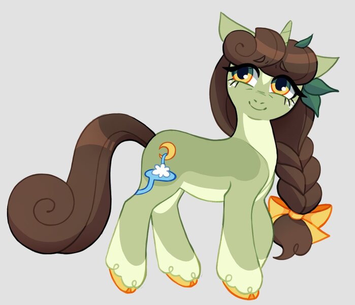 Size: 1087x933 | Tagged: safe, artist:lainseii, derpibooru import, part of a set, ponified, pony, unicorn, braid, braided ponytail, brown mane, brown tail, coat markings, colored belly, colored eyebrows, colored hooves, countershading, curly tail, eyebrows, eyebrows visible through hair, eyelashes, facial markings, facing you, female, freckles, hair accessory, hooves, horn, image, jpeg, leafpool, leaves in mane, lidded eyes, long mane, long tail, looking away, looking up, mane accessory, mare, pale belly, ponytail, shiny mane, shiny tail, smiling, socks (coat marking), solo, standing, star (coat marking), tail, tied mane, two toned eyes, unshorn fetlocks, wall of tags, warrior cats, yellow bow, yellow hooves