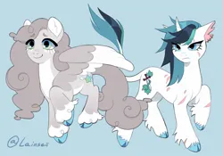 Size: 1862x1300 | Tagged: safe, artist:lainseii, derpibooru import, part of a set, ponified, classical unicorn, pegasus, pony, unicorn, bangs, battle scarred, big ears, blue background, blue eyes, blue hooves, body scar, chubby, cloven hooves, coat markings, colored belly, colored eyebrows, colored pinnae, colored wings, colored wingtips, concave belly, countershading, curly mane, curly tail, dovewing, duo, duo female, ear fluff, ear piercing, earring, eye clipping through hair, eye markings, eye scar, eyebrows, eyebrows visible through hair, eyelashes, facial scar, female, fetlock tuft, frown, gray coat, gray mane, gray tail, horn, image, ivypool, jewelry, jpeg, leg markings, leg scar, leonine tail, long mane, long tail, mare, narrowed eyes, pale belly, partially open wings, physique difference, piercing, raised hoof, raised hooves, scar, shiny mane, shiny tail, siblings, signature, simple background, sisters, slender, smiling, socks (coat marking), spiky mane, spiky tail, standing on three hooves, tail, text, thin, three toned mane, three toned tail, torn ear, two toned eyes, two toned wings, unshorn fetlocks, wall of tags, warrior cats, white belly, white coat, white wingtips, wings