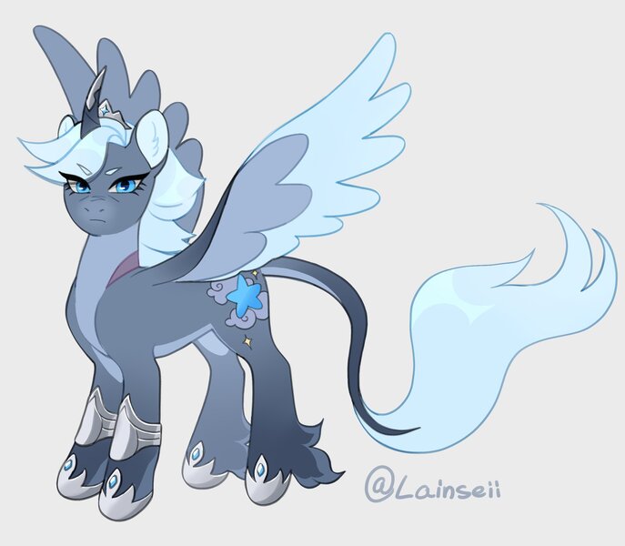 Size: 2372x2073 | Tagged: safe, artist:lainseii, derpibooru import, part of a set, ponified, alicorn, pony, blue eyes, blue mane, blue pupils, blue tail, blue wingtips, bluestar, body scar, bracer, colored belly, colored eyebrows, colored fetlocks, colored muzzle, colored pinnae, colored pupils, colored wings, colored wingtips, crown, curved horn, ear fluff, eye wrinkles, eyelashes, facial markings, female, fetlock tuft, flowing tail, frown, gradient wings, gray background, gray coat, hoof shoes, horn, horn armor, horn cap, image, jewelry, jpeg, leader, leg markings, long mane, long tail, looking at you, mare, mealy mouth (coat marking), multicolored wings, narrowed eyes, older female, pale belly, pale muzzle, princess shoes, regalia, scar, shiny mane, shiny tail, shoulder scar, signature, simple background, solo, spiky mane, spread wings, standing, tail, tail markings, text, tiara, unicorn horn, wall of tags, warrior cats, wings