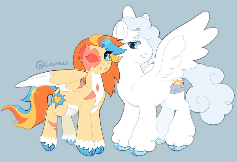 Size: 2138x1468 | Tagged: safe, artist:lainseii, derpibooru import, part of a set, ponified, pegasus, pony, blue background, blue eyes, blue hooves, body scar, brightheart, cloudtail, cloven hooves, colored belly, colored eyebrows, colored fetlocks, colored hooves, colored wings, colored wingtips, curly mane, curly tail, duo, duo male and female, ear fluff, eye scar, eyebrows, eyebrows visible through hair, eyelashes, facial scar, female, gray mane, gray tail, height difference, hooves, image, jpeg, leg scar, lidded eyes, long mane, long mane male, long tail, looking at someone, looking back, male, mare, missing eye, non-mlp shipping, pale belly, partially open wings, physique difference, profile, scar, shiny mane, shiny tail, signature, simple background, smiling, spread wings, stallion, standing, straight, tail, text, three quarter view, three toned mane, three toned tail, torn ear, two toned wings, unshorn fetlocks, wall of tags, warrior cats, white belly, white coat, white wingtips, wing scar, wings, yellow coat