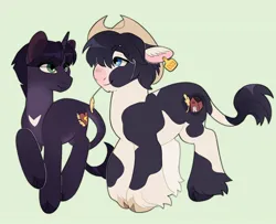 Size: 2403x1950 | Tagged: safe, artist:lainseii, derpibooru import, part of a set, ponified, classical unicorn, earth pony, pony, unicorn, bangs, barley (warrior cats), big ears, black hooves, black mane, black tail, blue eyes, chest fluff, chest marking, cloven hooves, coat markings, colored belly, colored eyebrows, colored hooves, colored pinnae, cowboy hat, duo, duo male, ear fluff, ear tag, eye clipping through hair, eyebrows, eyebrows visible through hair, facial markings, fetlock tuft, floppy ears, green background, green eyes, hat, heart, heart mark, hooves, horn, image, jpeg, leg markings, leonine tail, lidded eyes, looking at each other, looking at someone, male, mismatched hooves, multicolored hooves, pale belly, physique difference, profile, purple coat, purple mane, purple tail, raised hoof, ravenpaw, shiny mane, shiny tail, short mane, simple background, smiling, smiling at each other, snip (coat marking), splotches, standing on three hooves, stetson, straw in mouth, tail, tail markings, thick eyebrows, three quarter view, two toned coat, two toned mane, two toned tail, unicorn horn, unshorn fetlocks, wall of tags, warrior cats