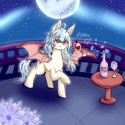 Size: 4096x4096 | Tagged: safe, artist:dw_atias, derpibooru import, oc, oc:noya, unofficial characters only, bat pony, bottle, ear fluff, female, glass, image, moon, png, solo, wine bottle, wine glass