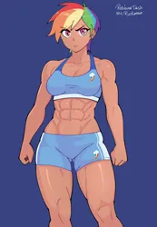 Size: 1418x2048 | Tagged: safe, artist:ryukman, derpibooru import, rainbow dash, human, g4, abs, belly, belly button, breasts, cleavage, clothes, female, humanized, image, jpeg, muscles, muscular female, purple background, rainbuff dash, shorts, simple background, solo, sports bra, sports shorts