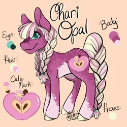 Size: 4096x4096 | Tagged: safe, artist:g-jnotes, derpibooru import, oc, oc:chari opal, unofficial characters only, earth pony, pony, body freckles, braid, braided pigtails, braided tail, colored belly, colored pupils, female, freckles, image, mare, name, offspring, orange background, parent:big macintosh, parent:cheerilee, parents:cheerimac, pigtails, png, reference sheet, simple background, smiling, solo, tail