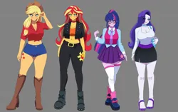 Size: 1600x1002 | Tagged: safe, artist:masterdestroyzj, derpibooru import, applejack, rarity, sci-twi, sunset shimmer, twilight sparkle, human, equestria girls, g4, big breasts, breasts, busty applejack, busty rarity, cleavage, clothes, cutie mark, cutie mark on clothes, cutie mark on equestria girl, female, gray background, group, image, jpeg, quartet, simple background