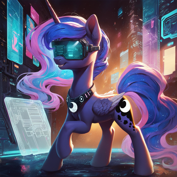 Size: 1216x1216 | Tagged: safe, ai content, derpibooru import, machine learning generated, prompter:star-dragon, stable diffusion, princess luna, alicorn, g4, cyberpunk, dream, full body, generator:pony diffusion v6 xl, hologram, horn, image, png, solo, virtual, virtual reality, visor, wings