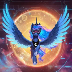 Size: 1216x1216 | Tagged: safe, ai content, derpibooru import, machine learning generated, prompter:star-dragon, stable diffusion, princess luna, alicorn, g4, cyberpunk, dream, full body, generator:pony diffusion v6 xl, hologram, horn, image, png, solo, spread wings, virtual, virtual reality, visor, wings