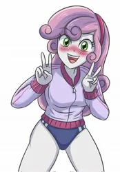 Size: 1424x2048 | Tagged: safe, artist:sumin6301, derpibooru import, sweetie belle, human, equestria girls, g4, 2d, blushing, breasts, busty sweetie belle, clothes, female, hairband, image, jacket, jpeg, legs, long sleeves, looking at you, older, older sweetie belle, open mouth, open smile, peace sign, simple background, smiling, solo, sports panties, white background