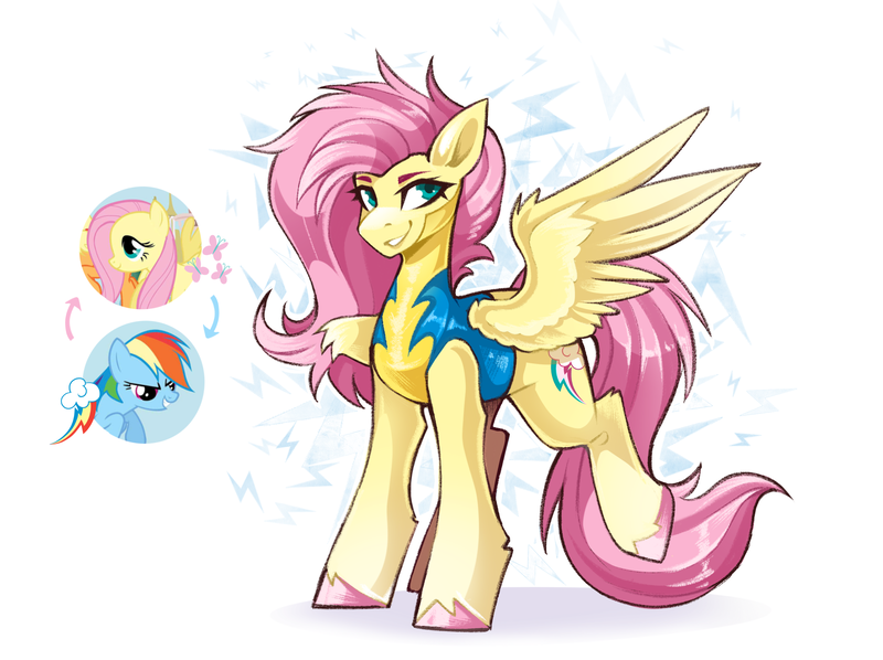 Size: 2988x2234 | Tagged: safe, artist:buvanybu, derpibooru import, fluttershy, rainbow dash, pegasus, pony, clothes, female, image, mare, personality swap, png, raised leg, spread wings, swapped cutie marks, uniform, wings, wonderbolt trainee uniform