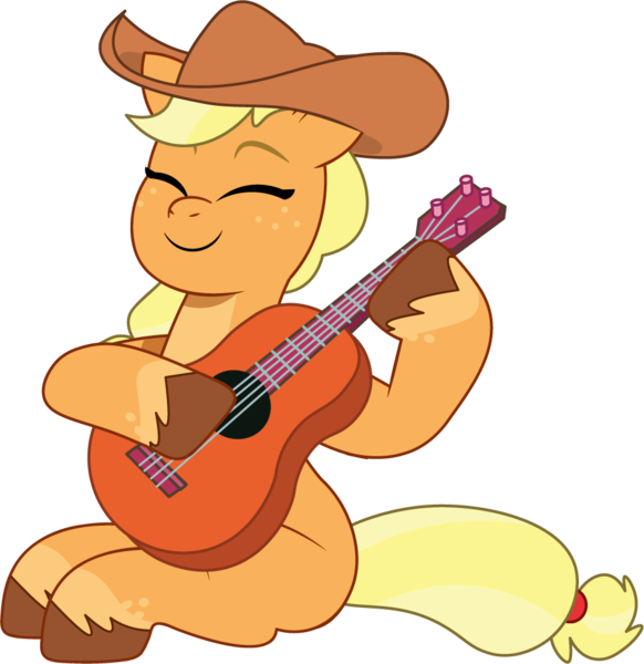 Size: 948x978 | Tagged: safe, artist:prixy05, derpibooru import, applejack, earth pony, pony, g4, g5, my little pony: tell your tale, applejack's hat, cowboy hat, eyes closed, female, g4 to g5, generation leap, guitar, hat, image, mare, musical instrument, playing instrument, png, simple background, sitting, solo, transparent background, vector