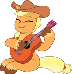 Size: 948x978 | Tagged: safe, artist:prixy05, derpibooru import, applejack, earth pony, pony, g4, g5, my little pony: tell your tale, applejack's hat, cowboy hat, eyes closed, female, g4 to g5, generation leap, guitar, hat, image, mare, musical instrument, playing instrument, png, simple background, sitting, solo, transparent background, vector