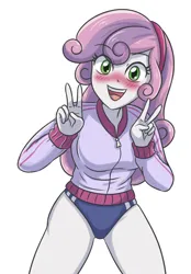 Size: 1424x2048 | Tagged: safe, artist:sumin6301, derpibooru import, sweetie belle, human, equestria girls, g4, 2d, blushing, breasts, buruma, busty sweetie belle, clothes, double peace sign, eyebrows, eyebrows visible through hair, female, hairband, image, jacket, legs, long sleeves, looking at you, older, older sweetie belle, open mouth, open smile, peace sign, png, simple background, smiling, smiling at you, solo, solo female, sports panties, white background