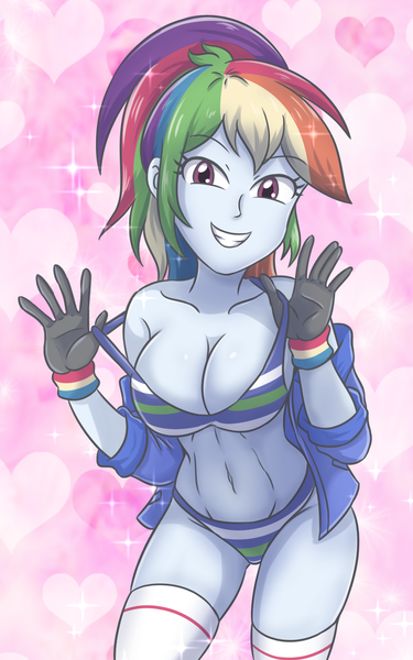 Size: 1279x2048 | Tagged: suggestive, artist:sumin6301, derpibooru import, rainbow dash, human, equestria girls, g4, belly, belly button, big breasts, breasts, busty rainbow dash, cleavage, clothes, eyebrows, eyebrows visible through hair, female, gloves, grin, heart, heart background, image, jacket, looking at you, midriff, off shoulder, panties, png, ponytail, smiling, smiling at you, socks, solo, solo female, striped underwear, thigh highs, underwear, wristband