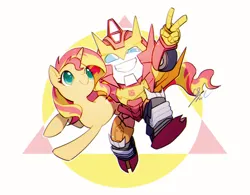 Size: 770x602 | Tagged: safe, artist:megarock, derpibooru import, idw, sunset shimmer, pony, unicorn, g4, colored pupils, crossover, cute, horn, hot rod, image, more than meets the eye, peace sign, png, rodimus, transformers