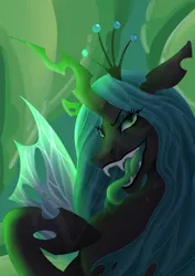 Size: 1614x2283 | Tagged: safe, artist:zalacs, derpibooru import, queen chrysalis, changeling, changeling queen, pony, g4, antagonist, bust, changeling hive, colored pupils, crown, digital art, eyelashes, fangs, female, glow, green eyes, green mane, horn, image, jewelry, jpeg, lidded eyes, looking at you, mare, messy mane, open mouth, open smile, portrait, raised hoof, regalia, signature, smiling, smiling at you, solo, spread wings, teeth, tongue out, transparent wings, villainess, watermark, wings