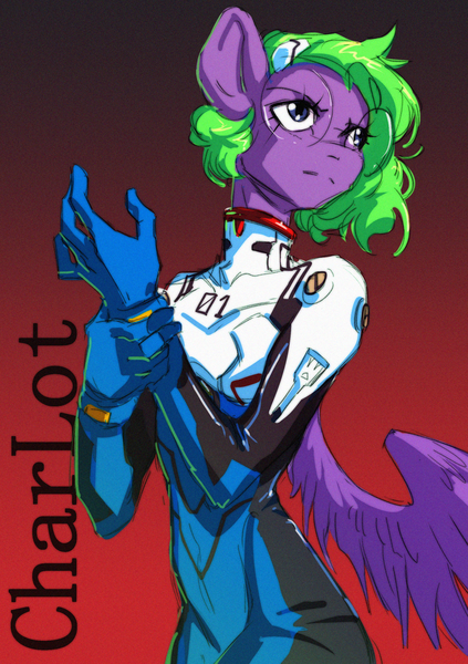 Size: 1748x2480 | Tagged: safe, artist:charlot, derpibooru import, oc, oc:charlot, unofficial characters only, anthro, pegasus, pony, anime, anthro oc, clothes, costume, crossover, glasses, image, neon genesis evangelion, parody, pegasus oc, png, ponysona, shinji ikari, simple background, sketch, solo, wings