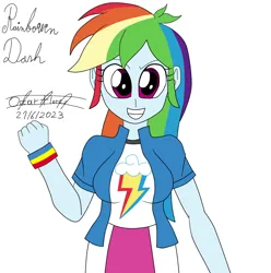 Size: 1050x1060 | Tagged: safe, artist:oscarcajilima, derpibooru import, rainbow dash, human, equestria girls, g4, 2023, breasts, busty rainbow dash, clothes, cute, cutie mark, cutie mark on clothes, female, image, looking at you, png, signature, simple background, skirt, solo, white background