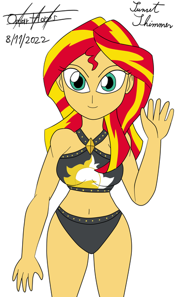 Size: 1000x1600 | Tagged: safe, artist:oscarcajilima, derpibooru import, sunset shimmer, human, equestria girls, g4, 2022, adorasexy, belly button, bikini, breasts, busty sunset shimmer, clothes, cute, female, image, looking at you, midriff, png, sexy, signature, simple background, smiling, smiling at you, solo, sunset shimmer swimsuit, sunset shimmer's beach shorts swimsuit, swimsuit, thighs, waving, waving at you, white background