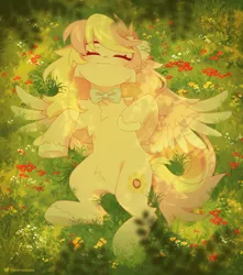 Size: 2000x2266 | Tagged: safe, artist:floweryoutoday, derpibooru import, oc, oc:ninny, unofficial characters only, pegasus, pony, blushing, bowtie, chest fluff, detailed background, eyes closed, female, flower, heterochromia, image, lying down, lying in grass, mare, necktie, png