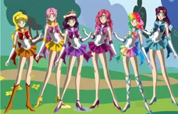 Size: 1119x714 | Tagged: safe, artist:sasami87, derpibooru import, applejack, fluttershy, pinkie pie, rainbow dash, rarity, twilight sparkle, equestria girls, g4, image, jpeg, mane six, sailor moon (series), solo