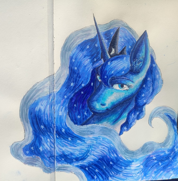 Size: 2655x2707 | Tagged: safe, artist:bruttas46, ponerpics import, princess luna, pony, unicorn, g4, bust, female, image, jpeg, looking at you, mare, markers, painting, photo, poster paint, sketchbook, solo, traditional art