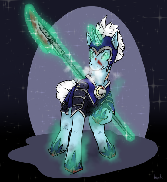 Size: 1058x1152 | Tagged: semi-grimdark, artist:argent arms, derpibooru import, oc, oc:argent arms, unofficial characters only, pony, unicorn, armor, armored pony, blood, blood spatter, blue coat, colored, crescent moon, helmet, horn, image, magic, moon, png, scar, simple background, sketch, solo, spear, stars, tail, telekinesis, tied mane, tied tail, turquoise eyes, weapon, white mane