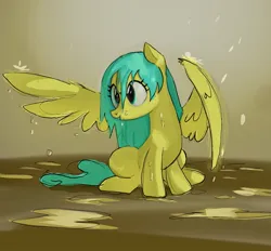 Size: 2209x2048 | Tagged: safe, artist:mandumustbasukanemen, derpibooru import, sunshower raindrops, pegasus, pony, female, image, jpeg, mare, puddle, rain, sitting, solo, spread wings, wet, wet mane, wings