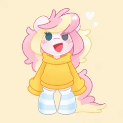 Size: 2896x2892 | Tagged: safe, artist:ninnydraws, derpibooru import, oc, oc:ninny, unofficial characters only, pony, semi-anthro, bipedal, blushing, chibi, clothes, female, happy, heart, heterochromia, image, looking at you, mare, oversized clothes, png, simple background, socks, solo, standing, striped socks, yellow background