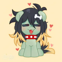 Size: 2410x2410 | Tagged: safe, artist:ninnydraws, derpibooru import, oc, unofficial characters only, pony, blushing, chibi, collar, cute, eyes closed, female, hair accessory, happy, heart, image, mare, png, sharp teeth, sitting, solo, spiked collar, teeth, tooth